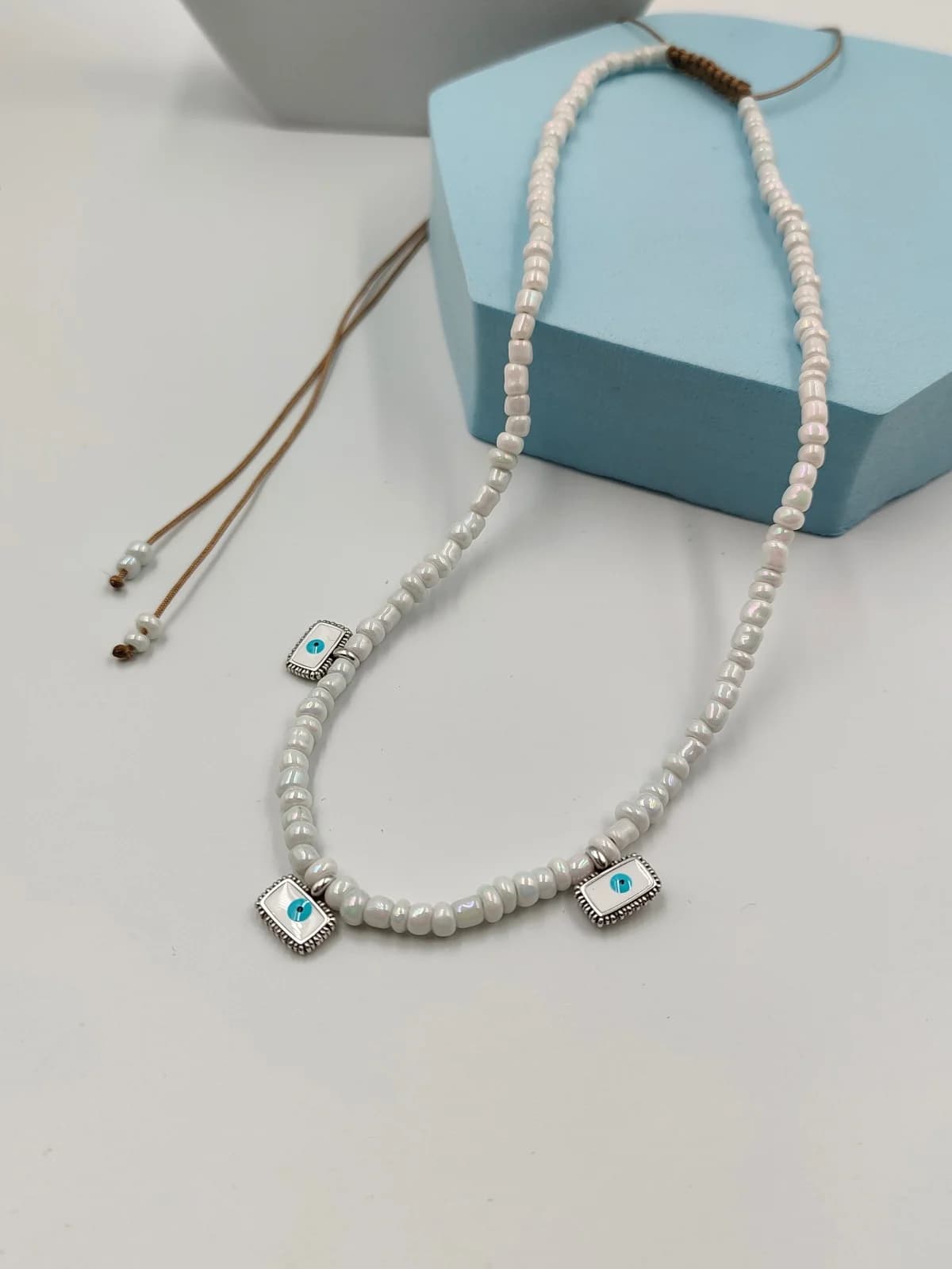 Necklace with Beads and Silver-Plated Enamel Evil Eyes by Magis Handmade Jewels