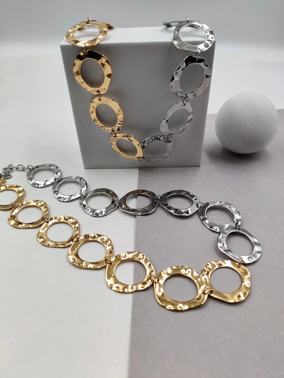 Stainless Steel Necklace with Hammered Two-Tone Circles by Magis Handmade Jewels