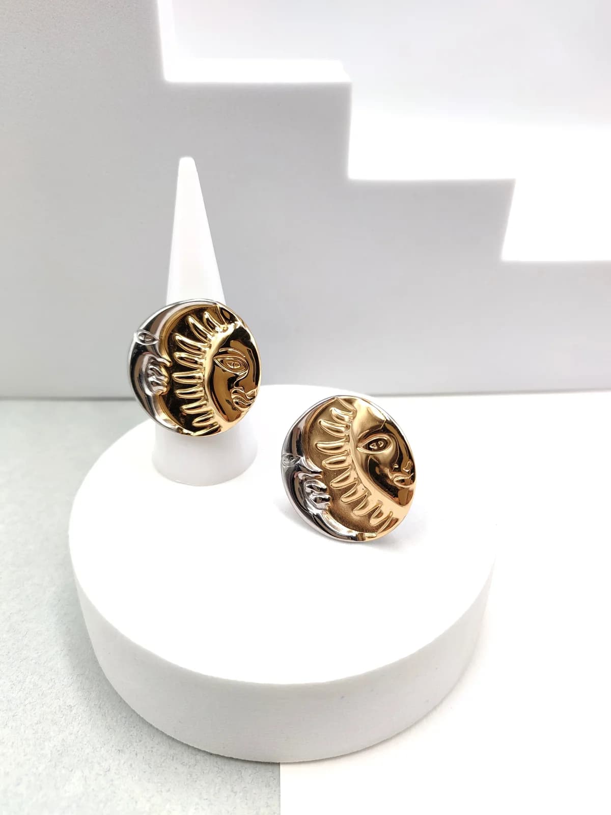 Stainless Steel Ring with Embossed Sun and Moon by Magis Handmade Jewels