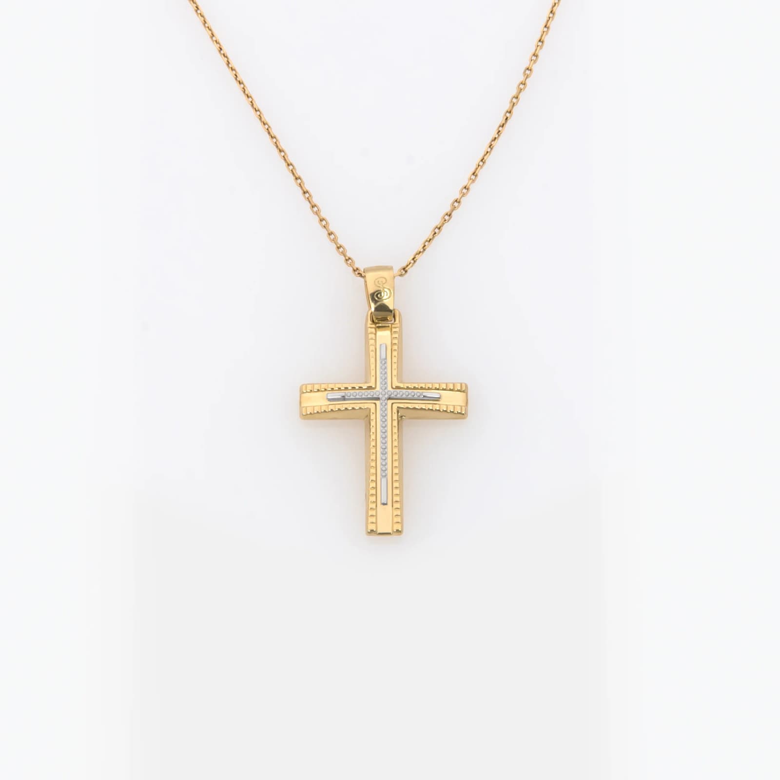 Yellow Gold Two-Tone Cross with Linear Texture & White Gold Accent β Pendants & charms from AntEva Crafts