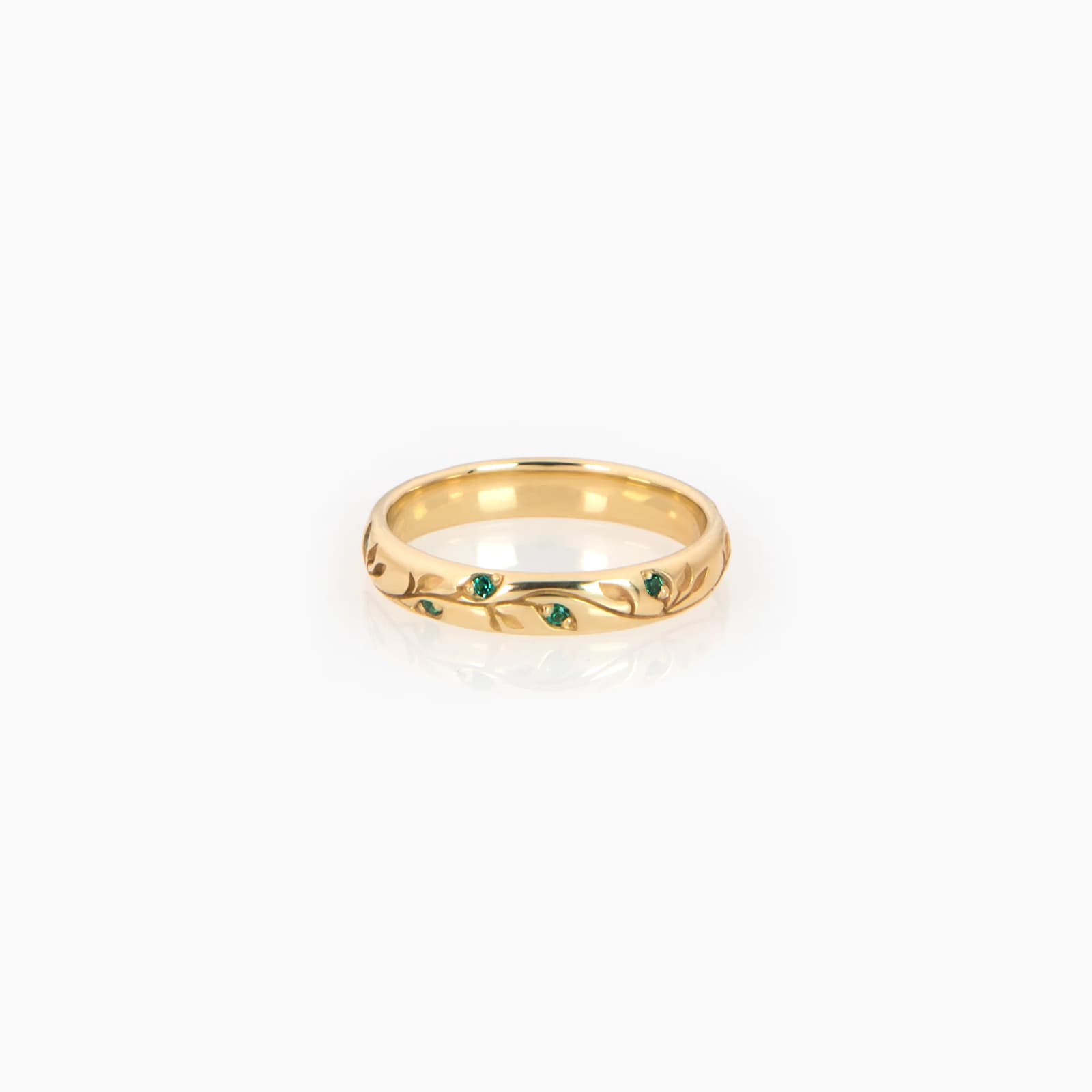 Solid Gold Botanical Wedding Band β Verdure Engraved Leaf Ring with Gemstone Accents β Rings from AntEva Crafts