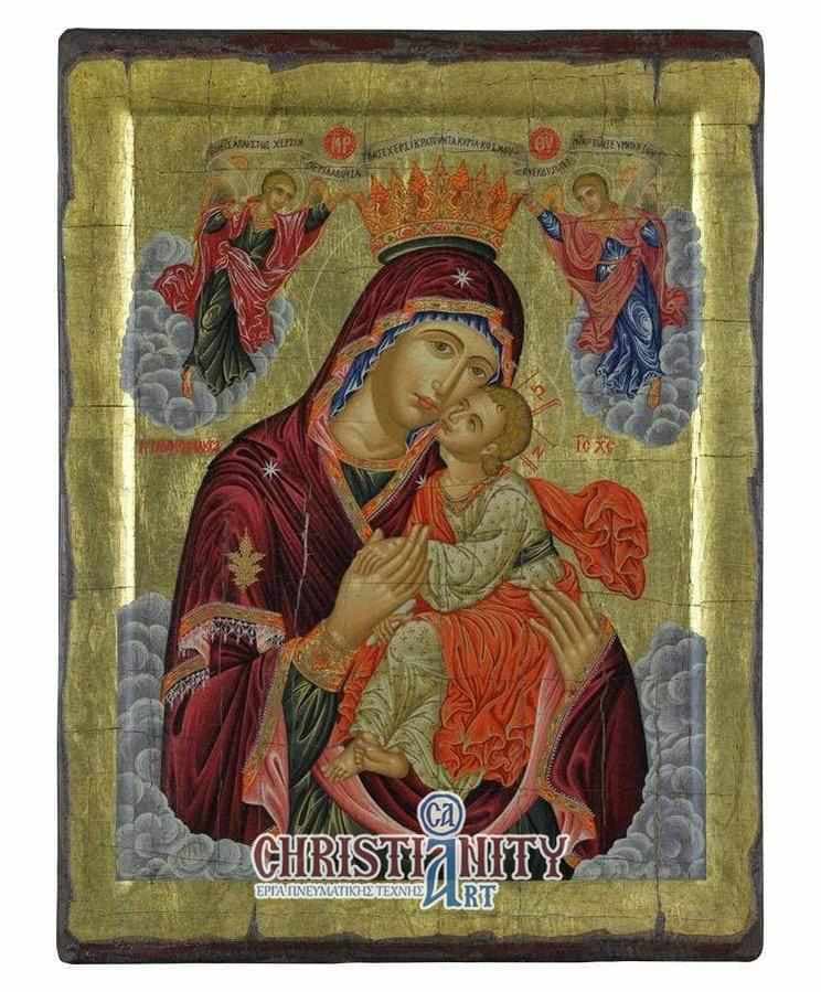 Virgin Mary Glylofilousa - Engraved wooden aged image on canvas with golden background - Mount Athos — Paintings from Christianity Art