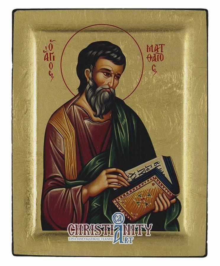 St. Matthew - Engraved wooden image on canvas with golden background - Mount Athos — Paintings from Christianity Art