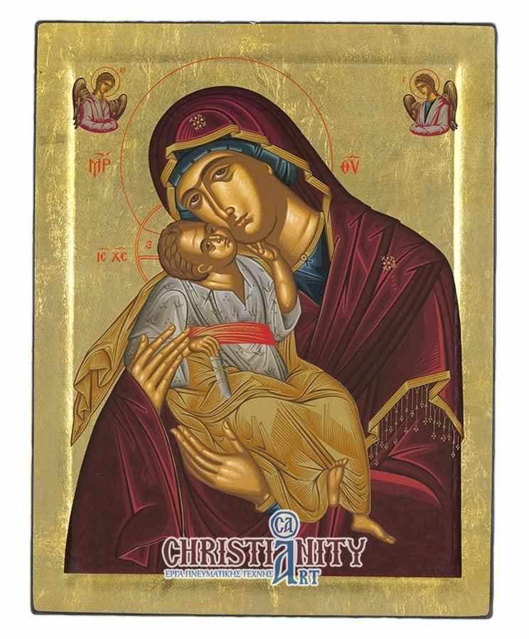 Virgin Mary Glylofilousa - Engraved wooden image on canvas with golden background - Mount Athos — Paintings from Christianity Art