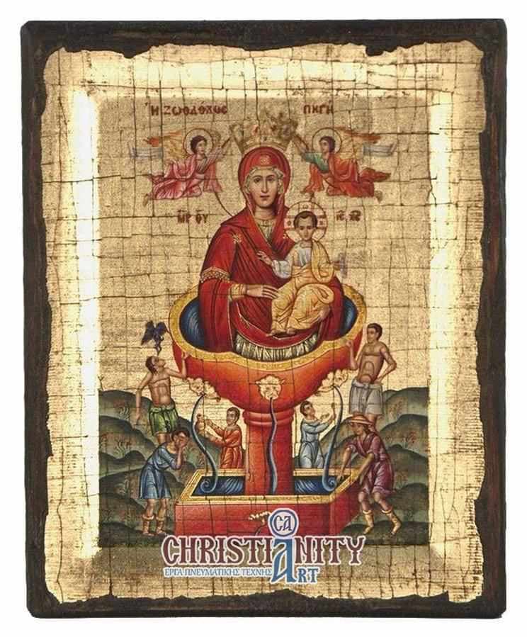 Virgin Mary Zoodochos Pigi - Engraved wooden aged image on canvas with golden background - Mount Athos — Paintings from Christianity Art