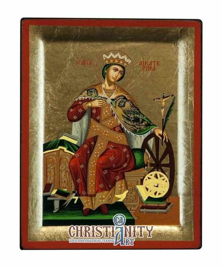 Saint Catherine - Excavated wooden image on canvas with gold background - Mount Athos — Paintings from Christianity Art