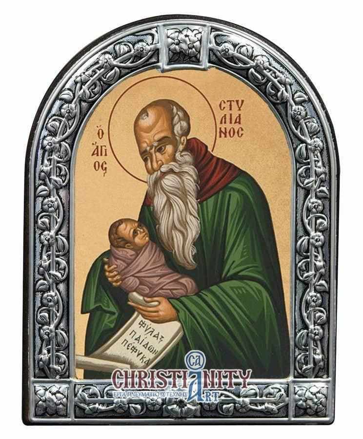 Saint Stylianos - Image in wood with indelible metal frame - Mount Athos — Wall reliefs from Christianity Art