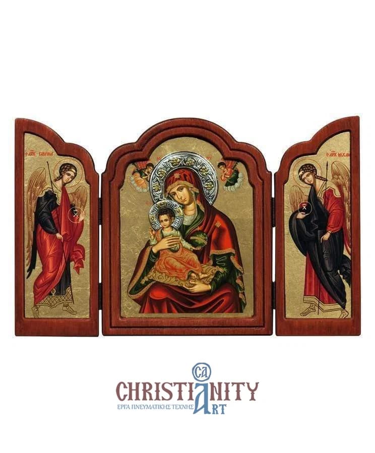Virgin Mary Babykrateusa - Old wooden icon triptych with silver halo locally gilded - Mount Athos — Paintings from Christianity Art