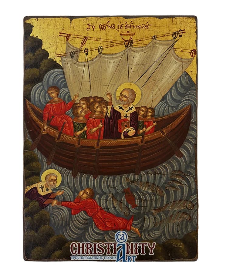 The Wonder of Saint Nikolaos - Handmade hagiography - Wooden image painted on canvas - Mount Athos — Paintings from Christianity Art