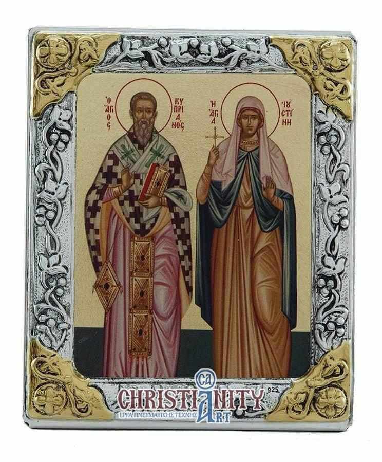 Saint Cyprian and Saint Justina - Silver icon on wood, locally gilded - Mount Athos — Wall reliefs from Christianity Art