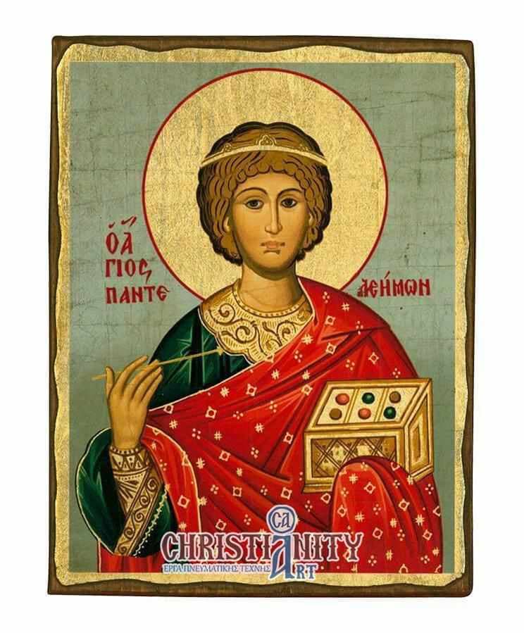 Saint Panteleimon - Wooden aged image on canvas with golden background - Mount Athos — Paintings from Christianity Art