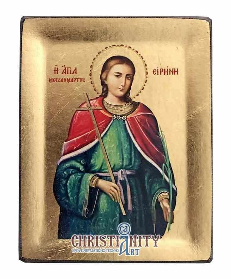 Saint Irene the Great Martyr - Engraved wooden image on canvas with gold background - Mount Athos — Paintings from Christianity Art