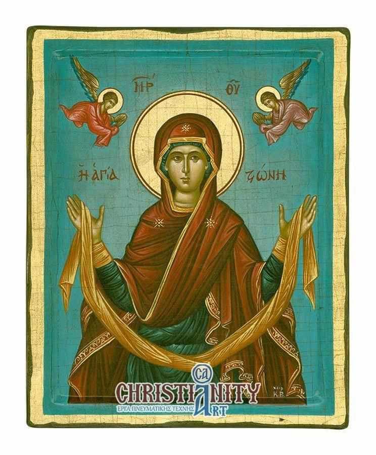 Virgin Mary Saint Zoni - 100% handmade wooden image on canvas with gold background - Mount Athos — Paintings from Christianity Art