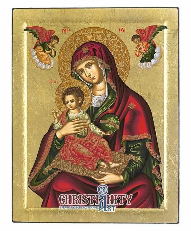Virgin Mary Babykrateusa - Engraved wooden image on canvas with golden background - Mount Athos — Paintings from Christianity Art