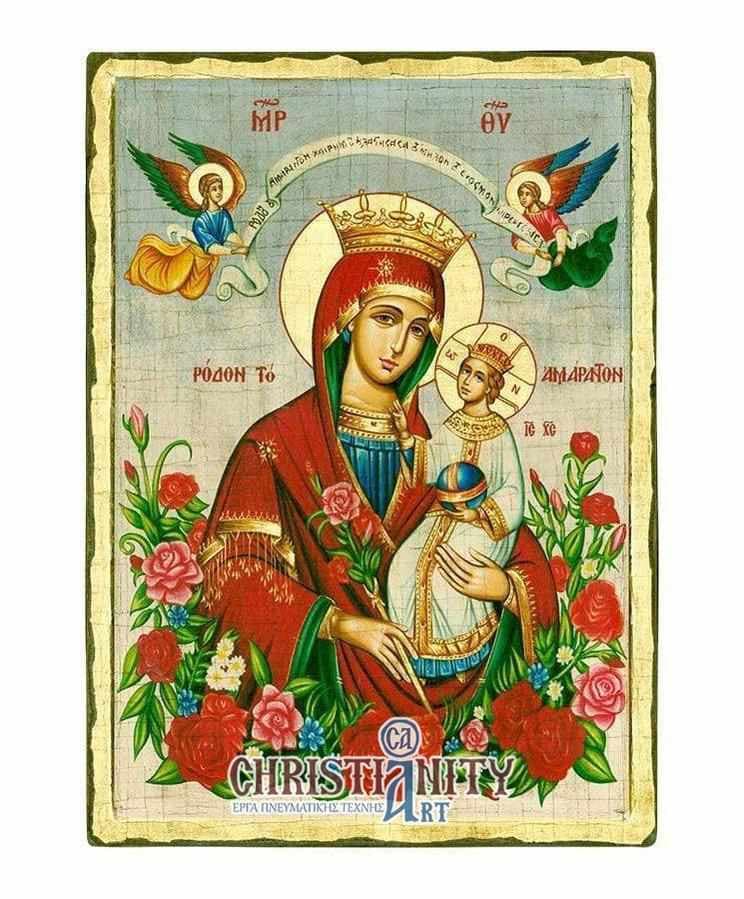 Virgin Mary of Rhodes - Engraved wooden image on canvas with golden background - Mount Athos — Paintings from Christianity Art