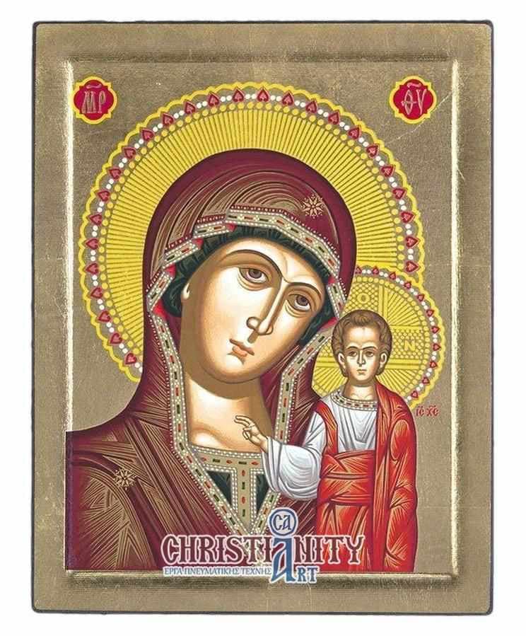 Our Lady of Kazan - Engraved wooden image on canvas with golden background - Mount Athos — Paintings from Christianity Art