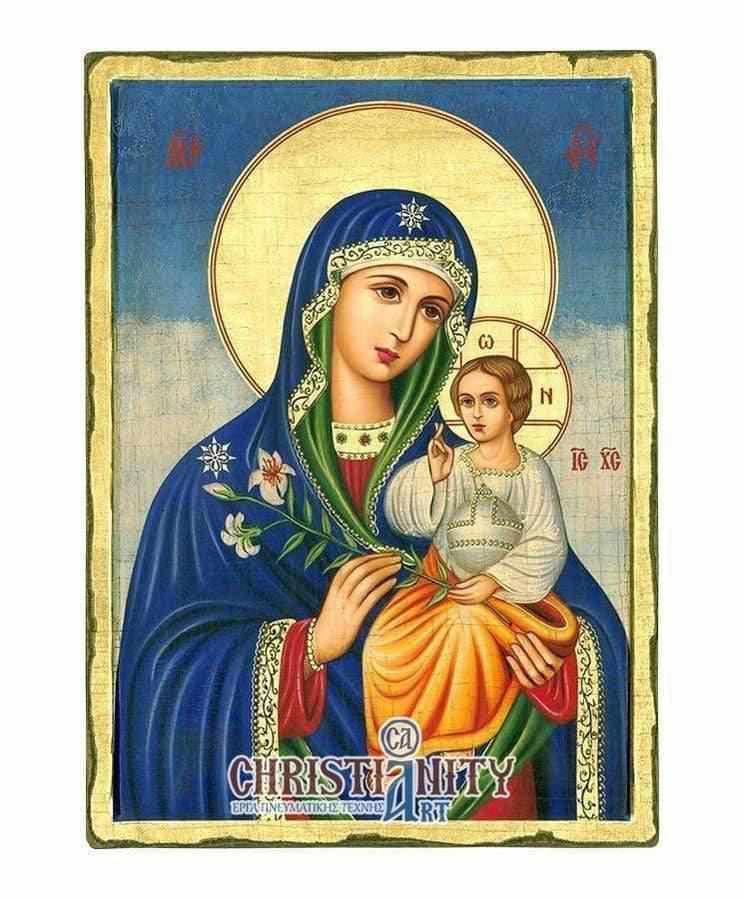 Our Lady of Lilies - Engraved wooden image on canvas with golden background - Mount Athos — Paintings from Christianity Art
