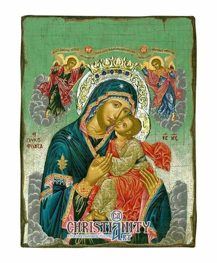 Virgin Mary Glylofilousa - Old wooden image with silver halo locally gold plated - Mount Athos — Paintings from Christianity Art