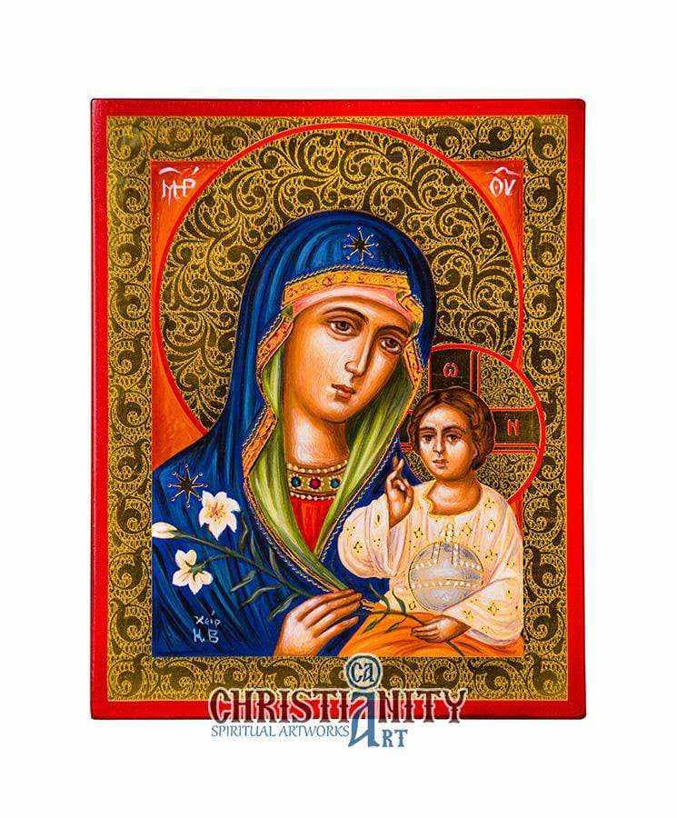 Our Lady of Lilies - Stylvot 100% handmade image on canvas with gold background 24 carats in specially processed wood - Mount Athos — Paintings from Christianity Art
