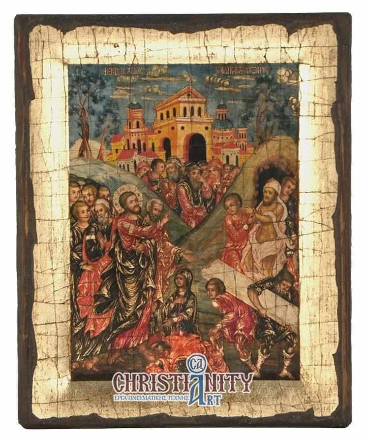 The Rise of Lazarus - Engraved wooden aged image on canvas with golden background - Mount Athos — Paintings from Christianity Art