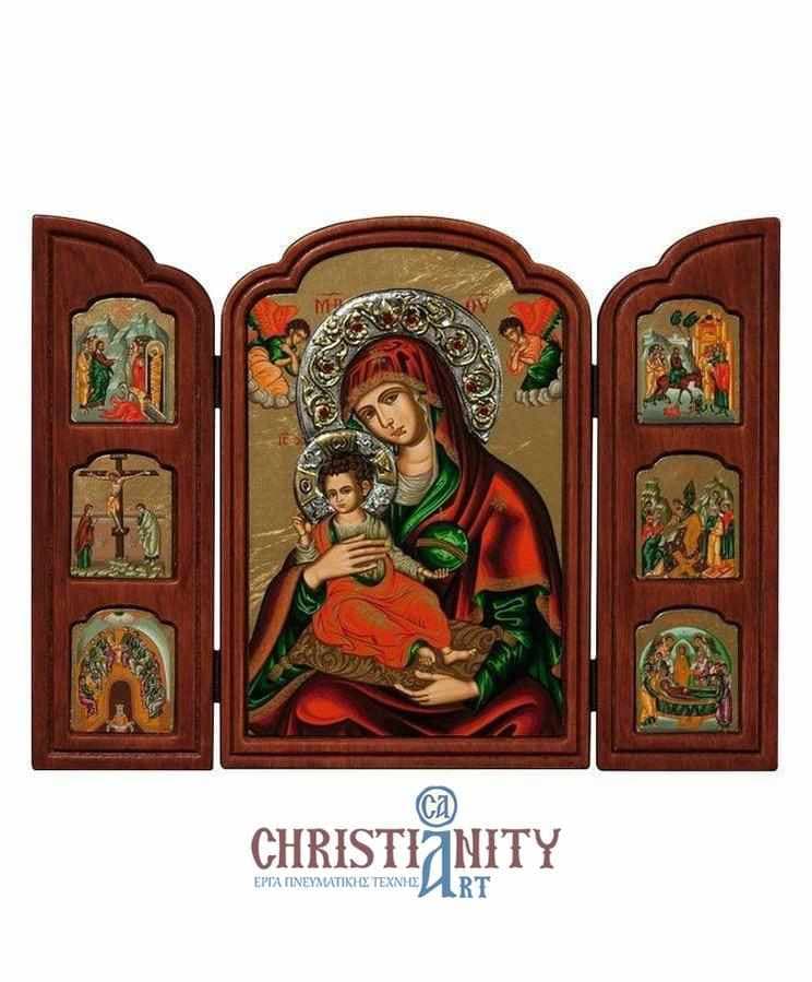 Virgin Mary Babykrateusa - Old wooden icon triptych with silver halo locally gilded - Mount Athos — Paintings from Christianity Art