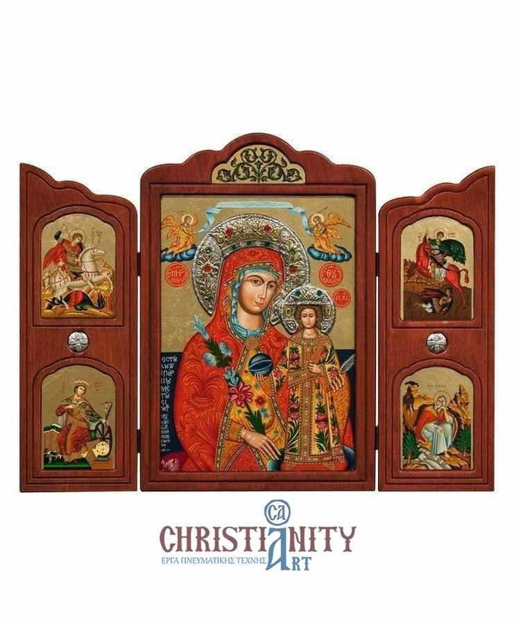 Virgin Mary Rodas - Old wooden icon triptych with silver halo locally gilded - Mount Athos — Paintings from Christianity Art