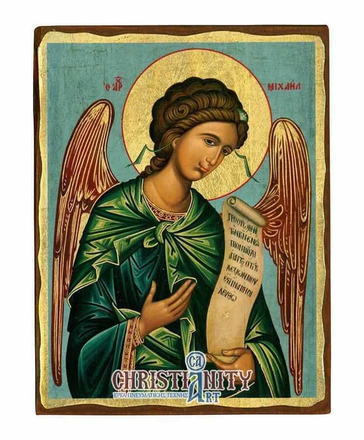 Archangel Michael - Wooden aged image on canvas with golden background - Mount Athos — Paintings from Christianity Art