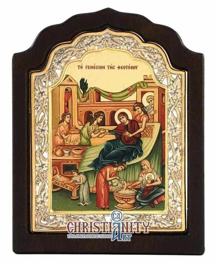 The Birth of the Virgin - Silver image in wood, locally gilded - Mount Athos — Wall reliefs from Christianity Art