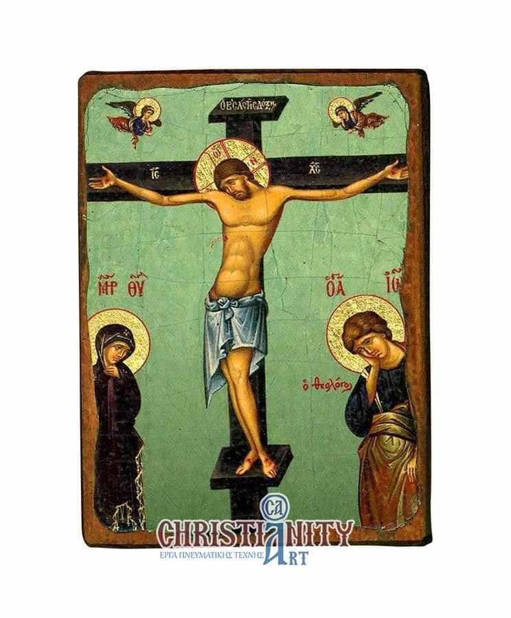 The Crucifixion of Christ - Wooden aged image on canvas with golden background - Mount Athos — Paintings from Christianity Art