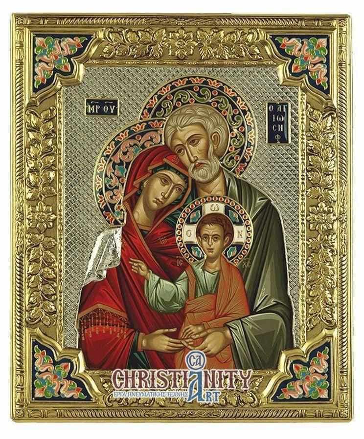 The Holy Family - Silver icon on wood, locally gilded and decorated with enamel - Mount Athos — Wall reliefs from Christianity Art