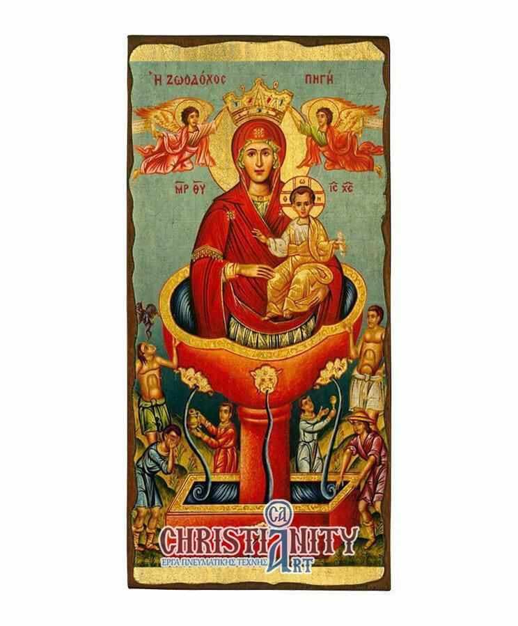 Virgin Mary Zoodochos Pigi - Wooden aged image on canvas with golden background - Mount Athos — Paintings from Christianity Art