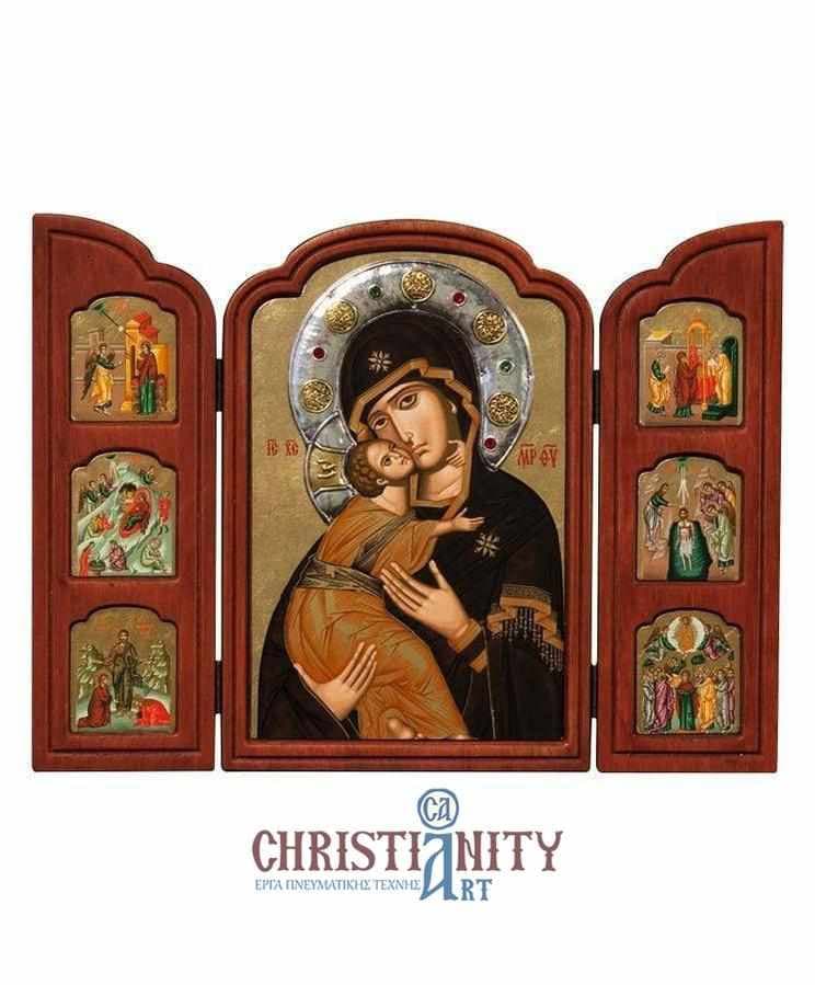 Virgin Mary Vladimir - Old wooden icon triptych with silver halo locally gold plated - Mount Athos — Paintings from Christianity Art