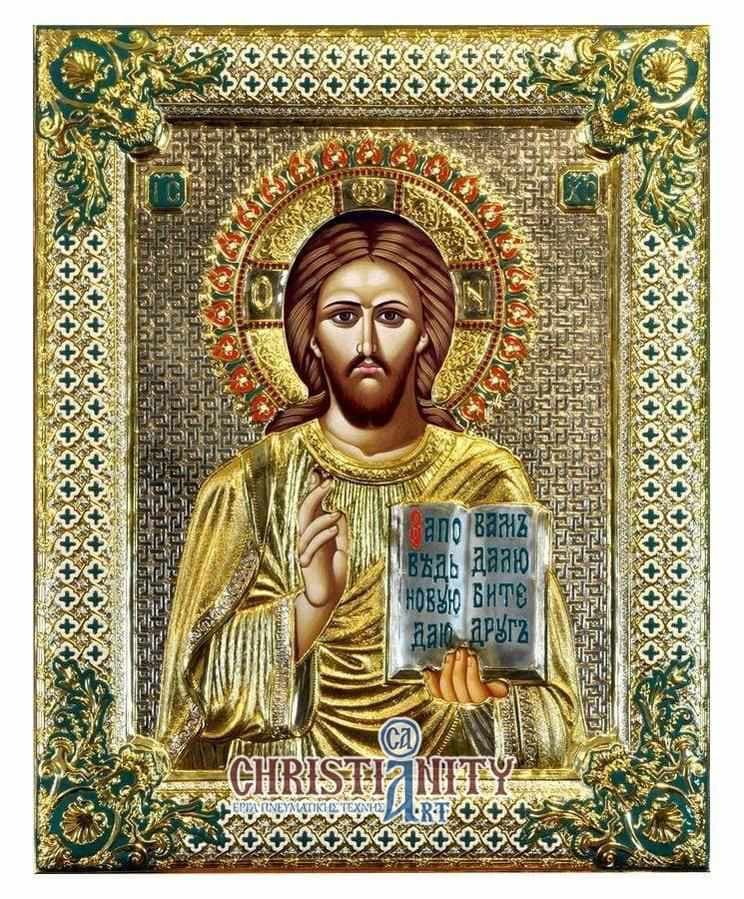 Christ Blessings - Silver image on wood, locally gilded and decorated with enamel - Mount Athos — Wall reliefs from Christianity Art