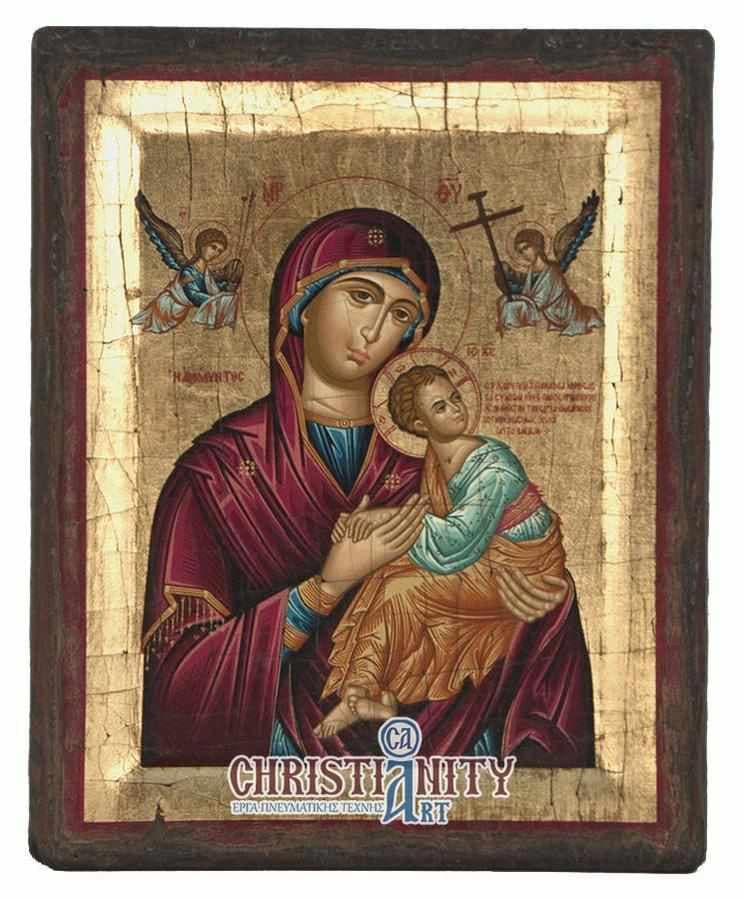 Virgin Mary of Passion - Engraved wooden aged image on canvas with golden background - Mount Athos — Paintings from Christianity Art