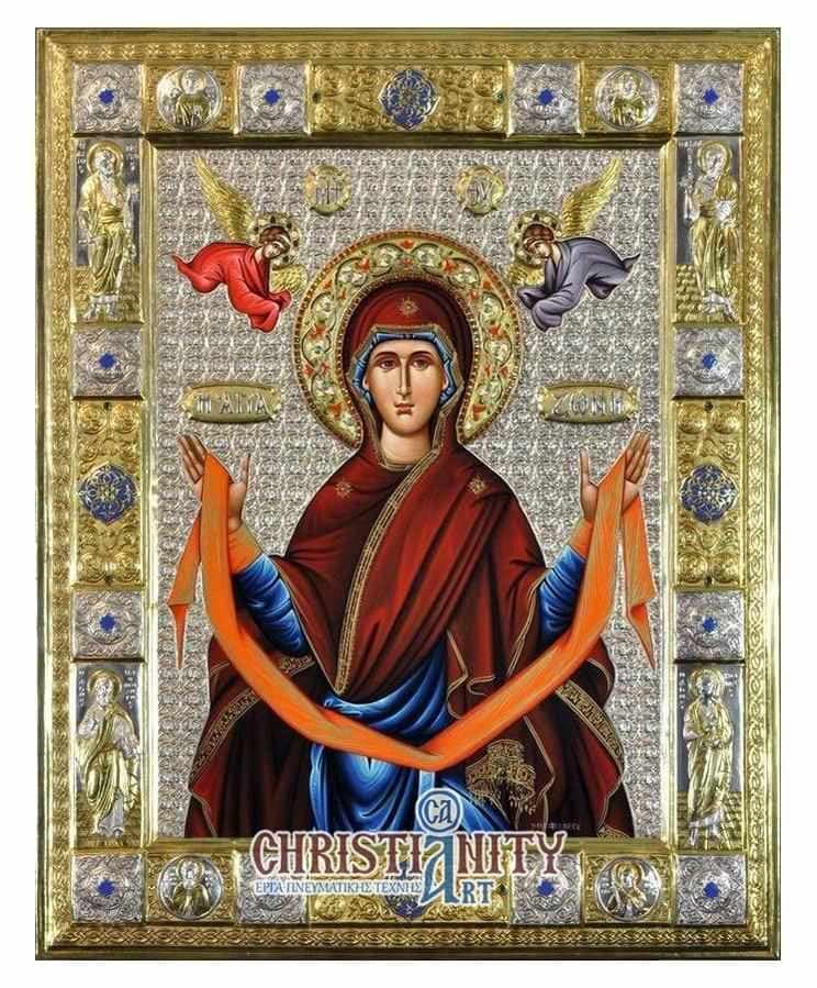 Virgin Mary Holy Zone - Silver image in wood, locally gilded and decorated with enamel - Mount Athos — Wall reliefs from Christianity Art