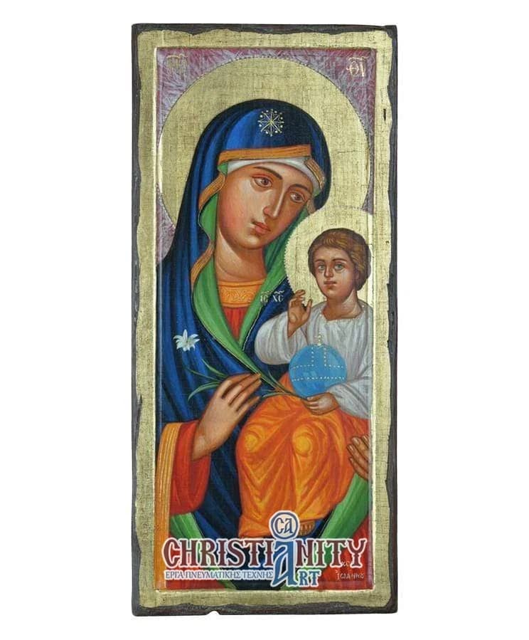 Virgin Mary of Lilies - 100% handmade wooden image on canvas with golden background - Mount Athos — Paintings from Christianity Art