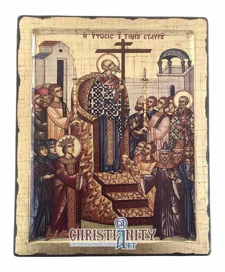 The Raise of the Holy Cross - Engraved wooden image on canvas with golden background - Mount Athos — Paintings from Christianity Art