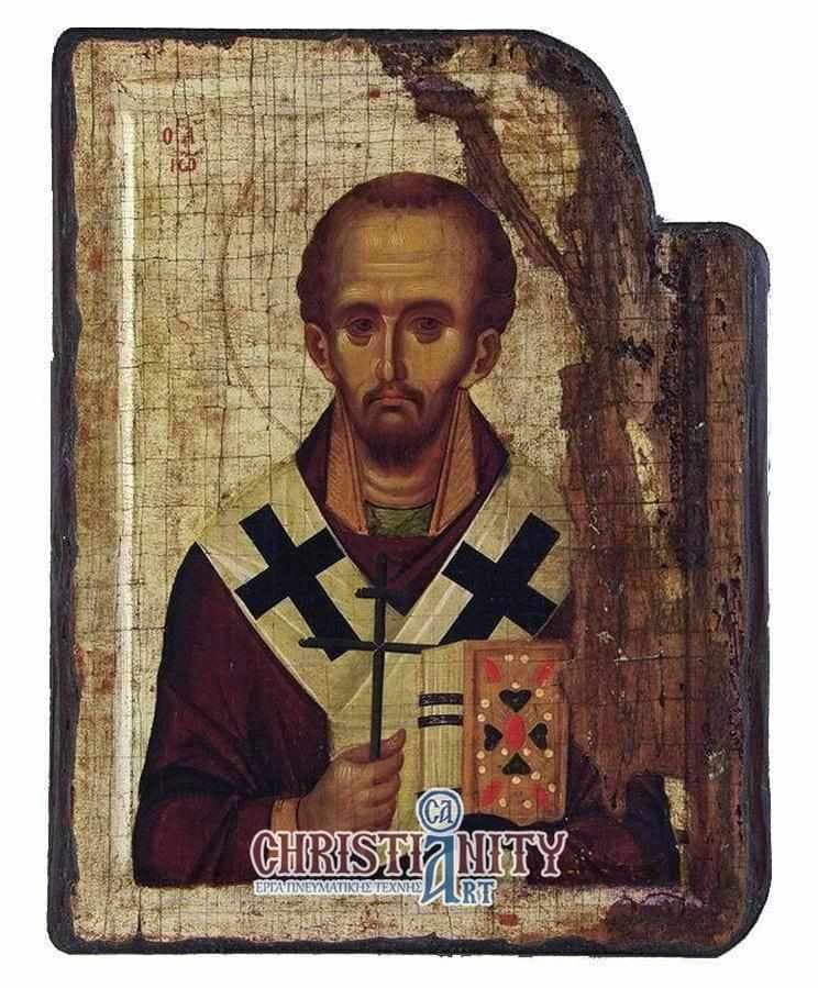 Saint John the Chrysostom - Excavated wooden aged image on canvas with gold background - Mount Athos — Paintings from Christianity Art