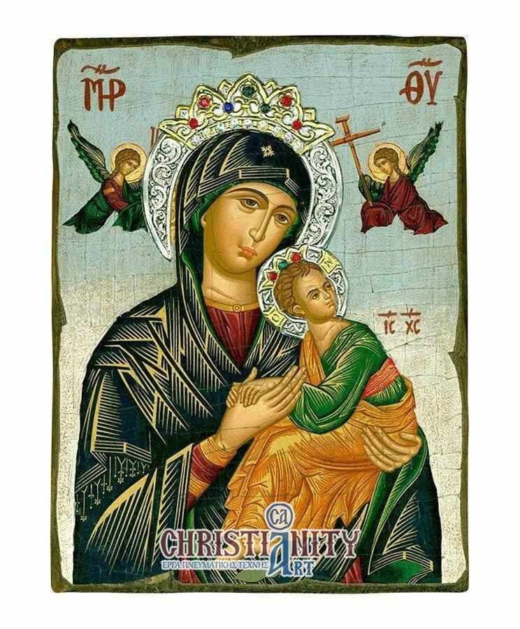 Virgin Mary Permanent Help - Old wooden image with silver halo locally gilded - Mount Athos — Paintings from Christianity Art