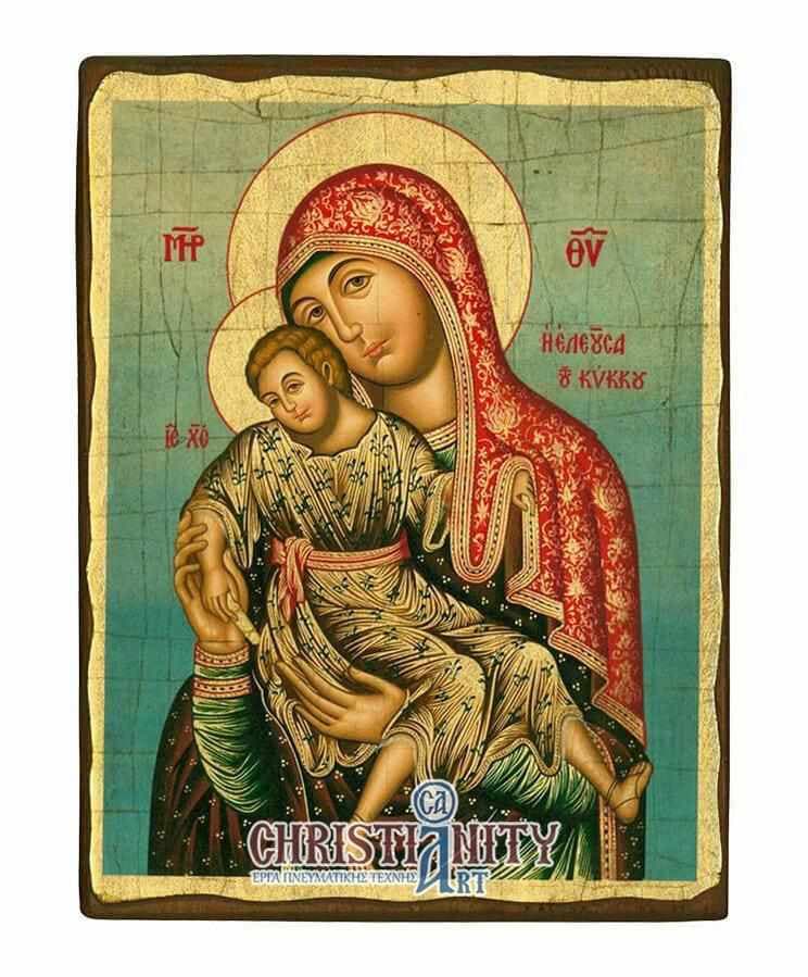 Virgin Mary Theotokos Elousa - Wooden aged image on canvas with golden background - Mount Athos — Paintings from Christianity Art