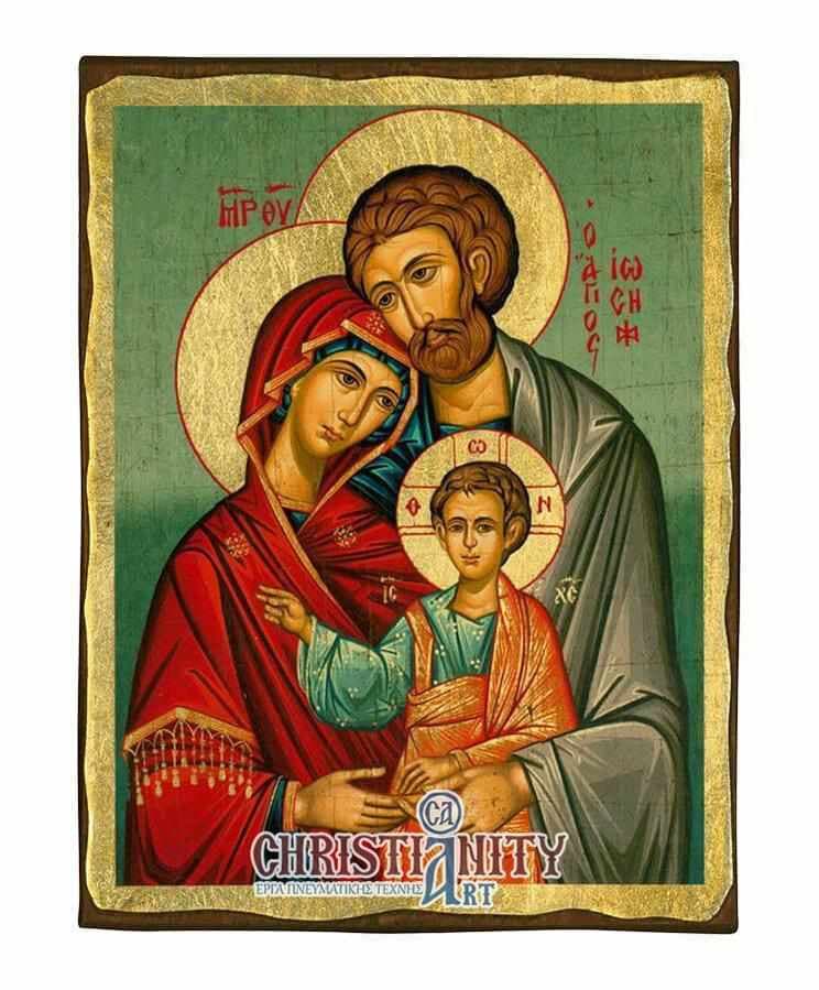 The Holy Family - Aged wooden picture on canvas with a gold background - Mount Athos — Paintings from Christianity Art