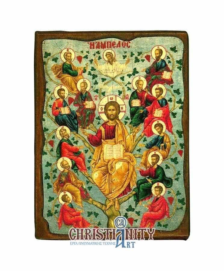 Vineyard - Wooden aged image on canvas with golden background - Mount Athos — Paintings from Christianity Art
