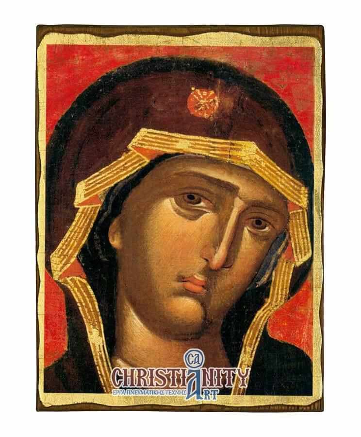 Virgin Mary Vatopediou - Wooden aged image on canvas with golden background - Mount Athos — Paintings from Christianity Art