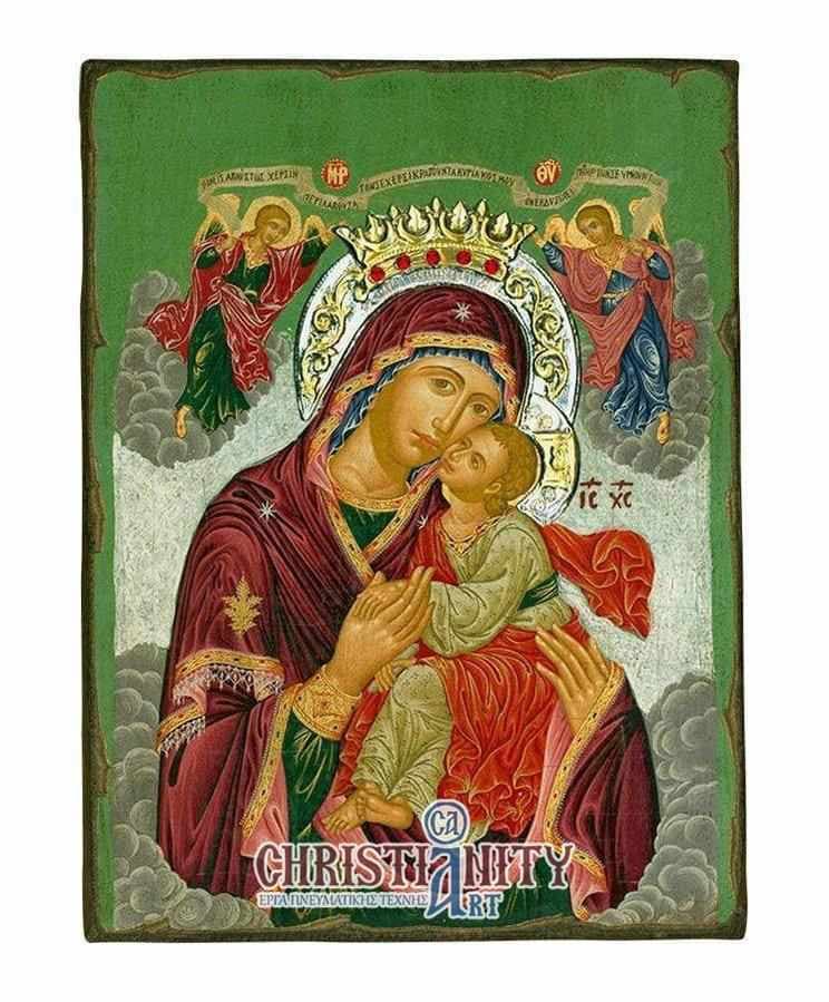Virgin Mary Glylofilousa - Old wooden image with silver halo locally gold plated - Mount Athos — Paintings from Christianity Art