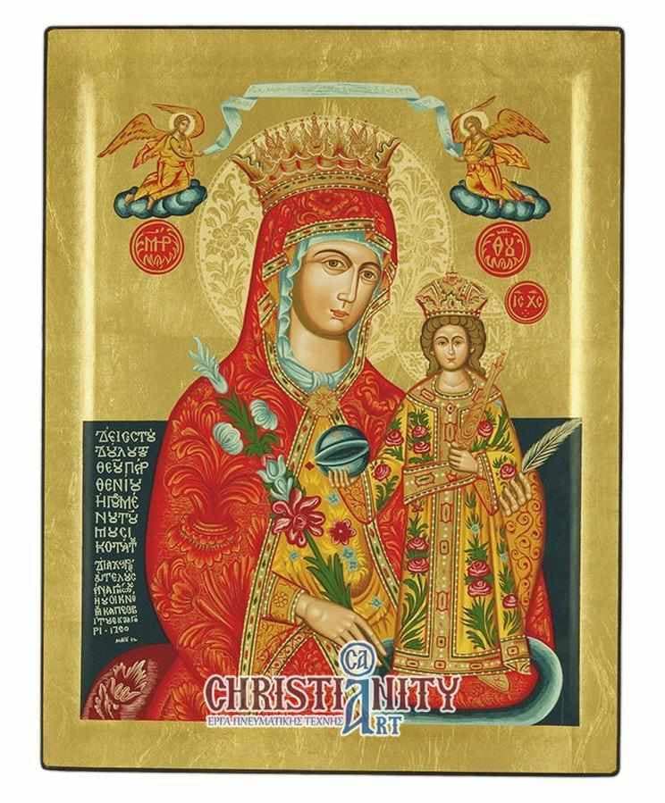 Virgin Mary of Rhodes - Engraved wooden image on canvas with golden background - Mount Athos — Paintings from Christianity Art
