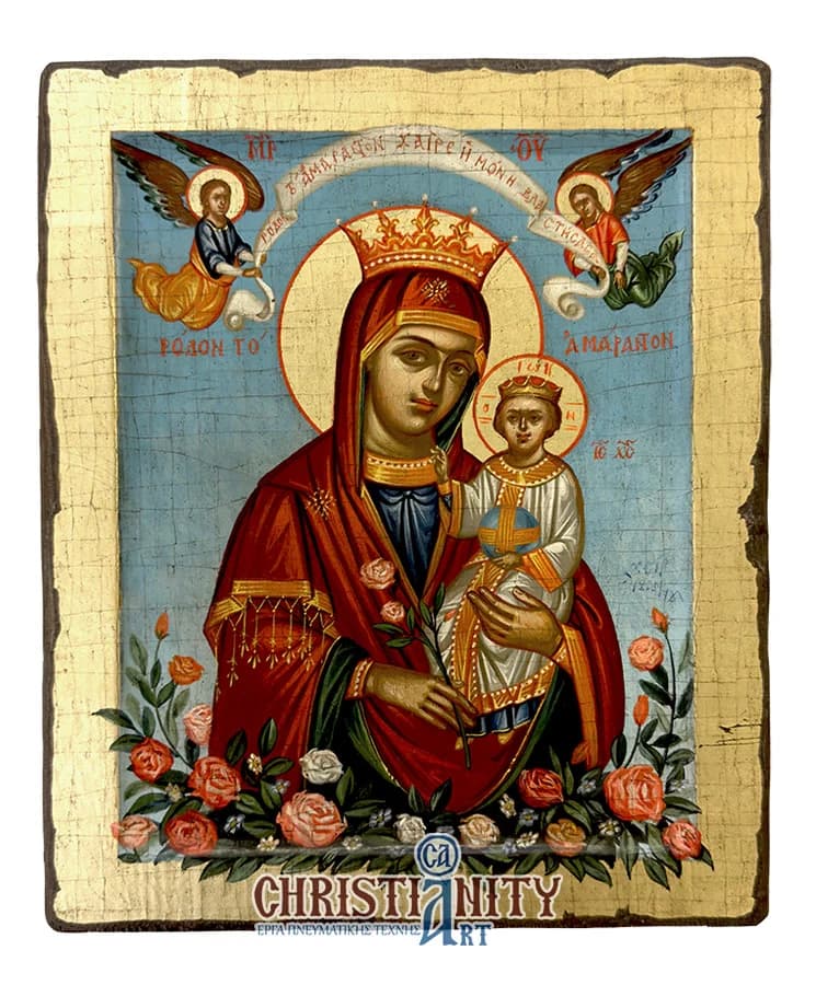 Virgin Mary of Rodas - Handmade hagiography - Wooden image painted on canvas - Mount Athos β Paintings from Christianity Art