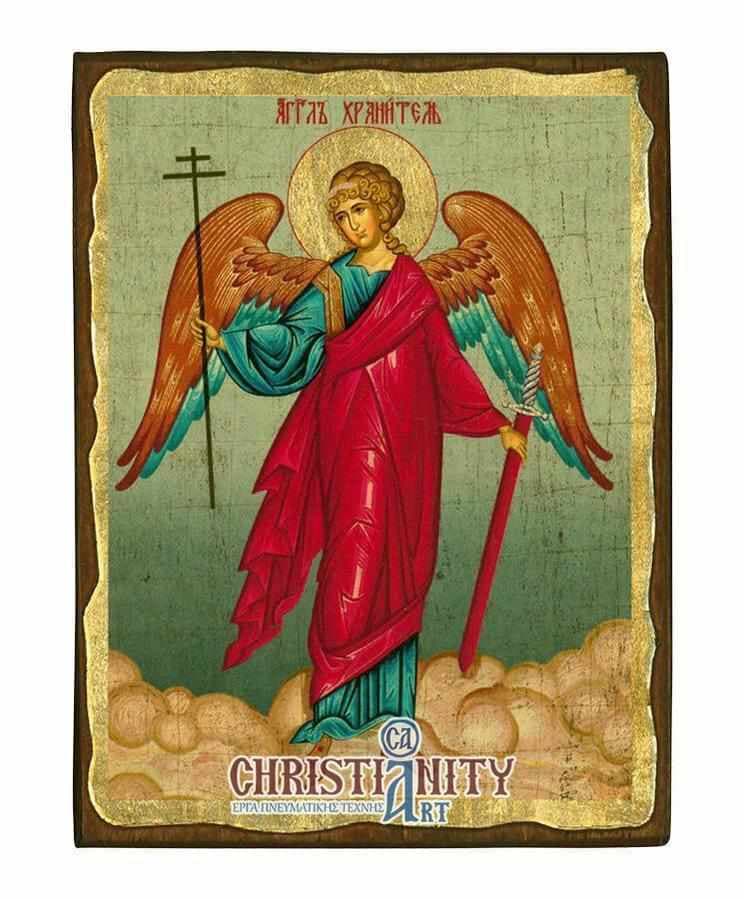 Protector Angel - Wooden aged image on canvas with golden background - Mount Athos — Paintings from Christianity Art