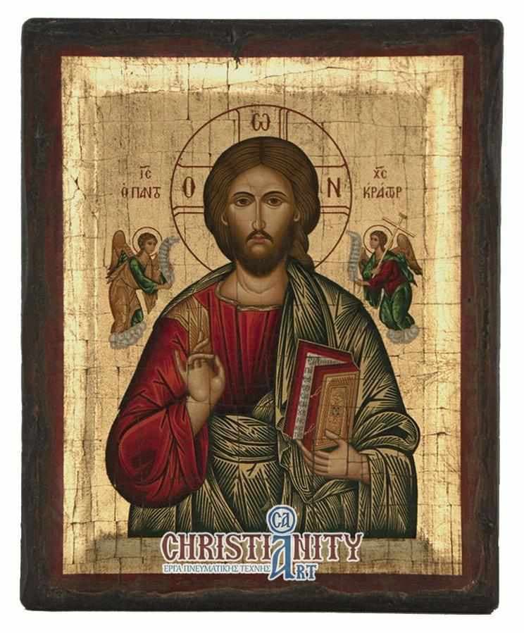 Christ Almighty - Engraved wooden aged image on canvas with golden background - Mount Athos — Paintings from Christianity Art