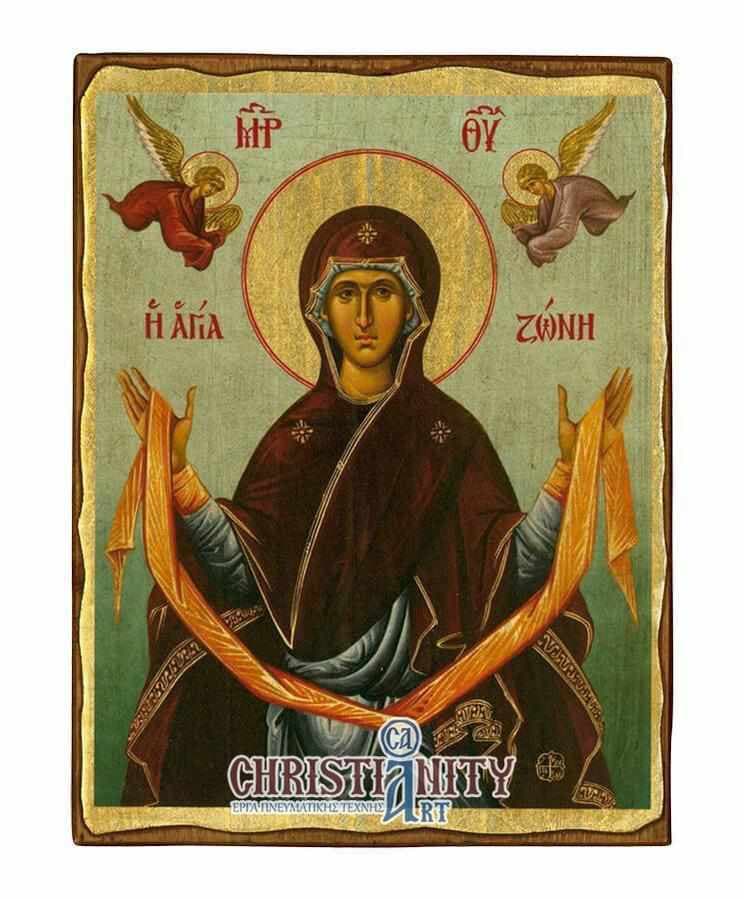 Holy Mary Zone - Wooden aged image on canvas with golden background - Mount Athos — Paintings from Christianity Art
