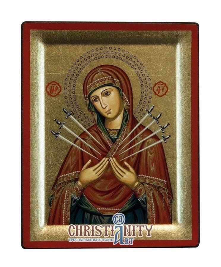 Virgin Mary with 7 Swords - Engraved wooden image on canvas with golden background - Mount Athos — Paintings from Christianity Art